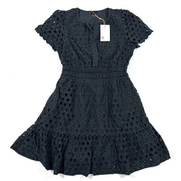 New Quince Organic Cotton Eyelet Mini Tiered Dress Black - Picture 2 of 8